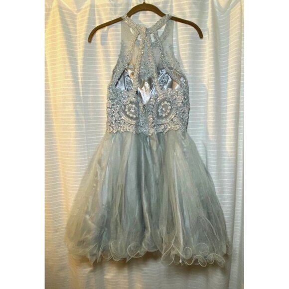 Silver Beaded Tulle Dress Halter Neckline Fairy Witchy Prom Wedding Princess - Picture 5 of 12